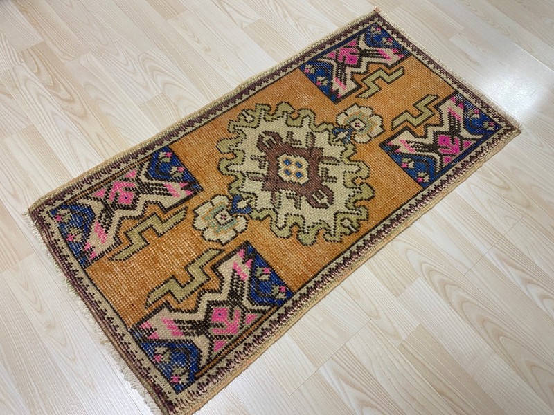 Antique Turkish Rug 1.5x3.1 ft Vintage Small Tribal Orange Pink Wool Boho Rug gallery
