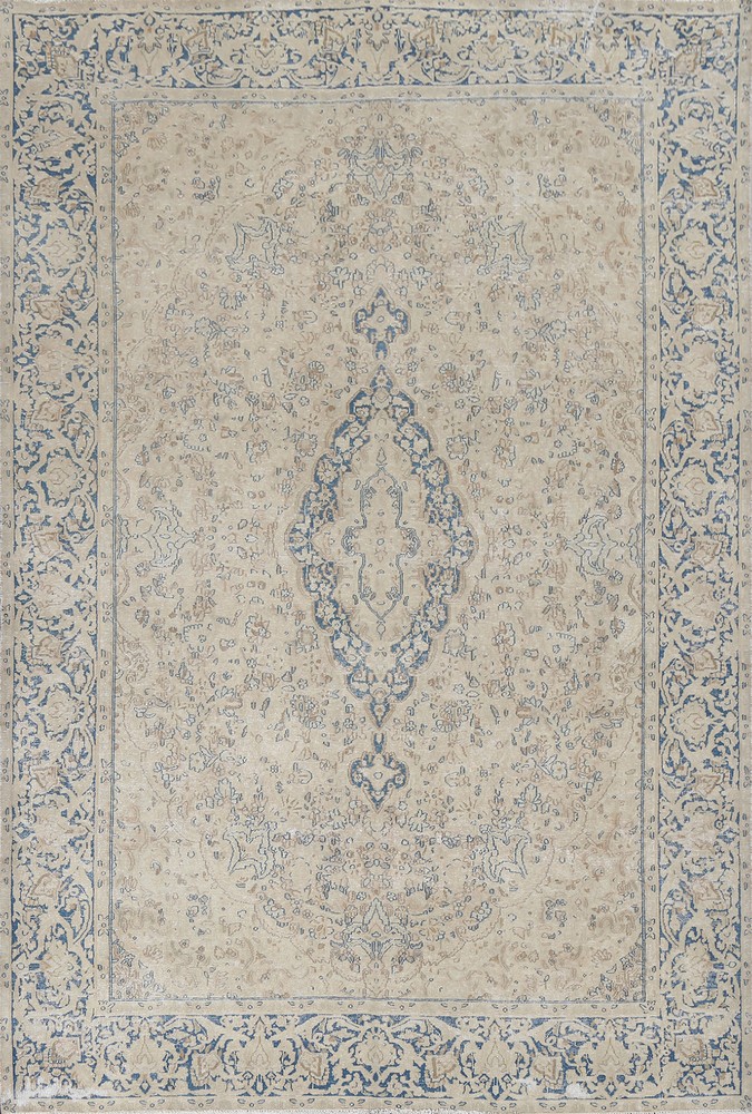 Vintage Distressed Wool Rug 7x9 Ft Handmade Beige Floral Oriental Area Rug