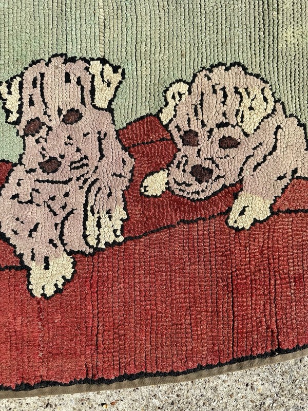 Antique Hand Hooked Dog Rug Folk Art Dogs Puppies Wool 19.5 x 37 Oval Primitive gallery