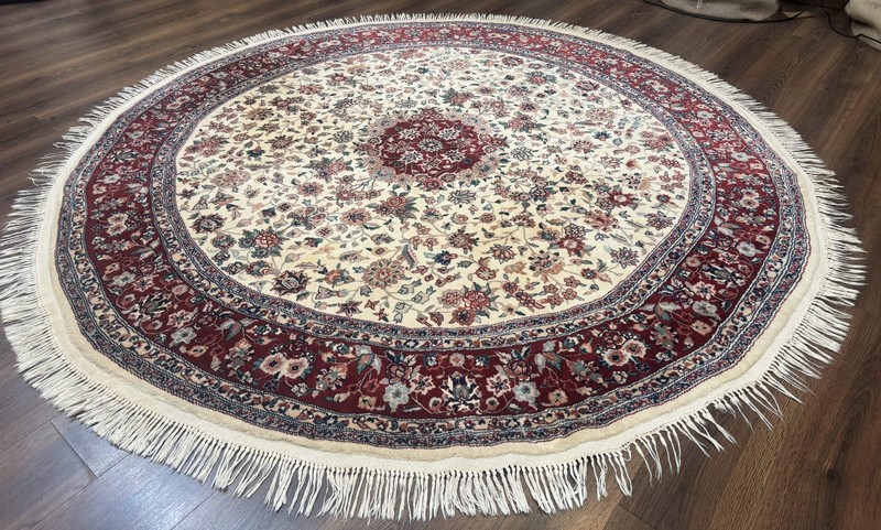 Round Sino Per'sian Rug 8x8, Wool and Silk, Floral Medallion, Ivory Dark Red gallery