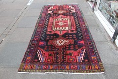 Vintage Hand Made Traditional Oriental Cotton Wool Black Pink Long Rug 281x132cm