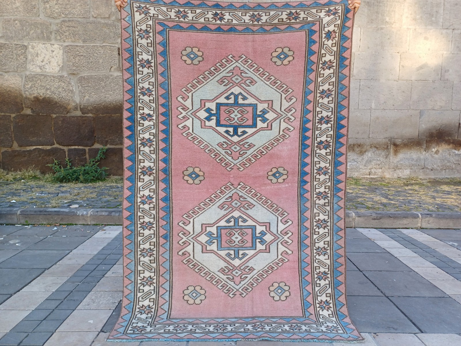 Vintage pink blue Area Rug 4.04 x 6.23 ft , 4x6 Handmade Wool Rug 123 x 190 cm gallery