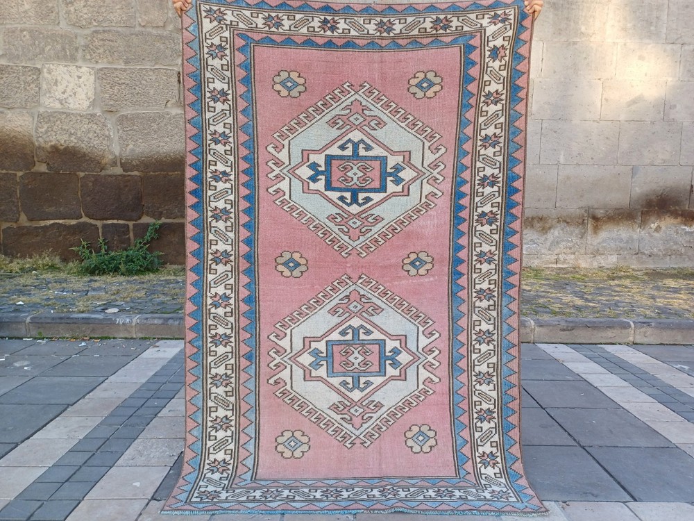 Vintage pink blue Area Rug 4.04 x 6.23 ft , 4x6 Handmade Wool Rug 123 x 190 cm