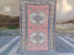 Vintage pink blue Area Rug 4.04 x 6.23 ft , 4×6 Handmade Wool Rug 123 x 190 cm