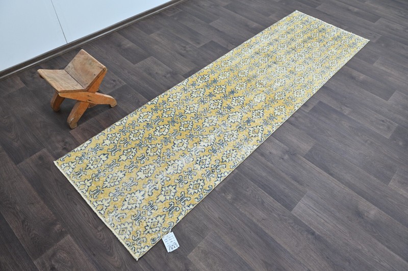 Vintage Turkish Runner Rug 2x8ft Wool Anatolian Handmade Hallway Oushak YELLOW gallery