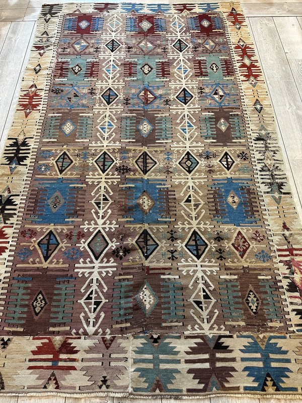 19th C Decorative Collectable Turkish Anatolian Reyhannli Kilim Rug 5’ x 8’3” gallery