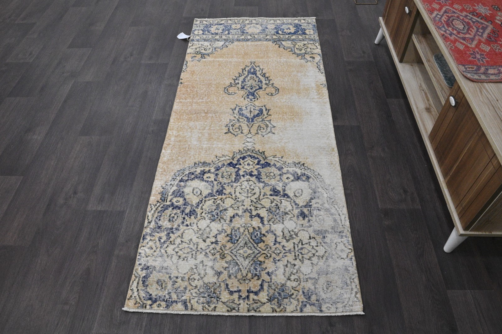 Vintage Turkish Runner Rug 2x6ft BEIGE Handmade Anatolian Oushak Hallway Wool gallery