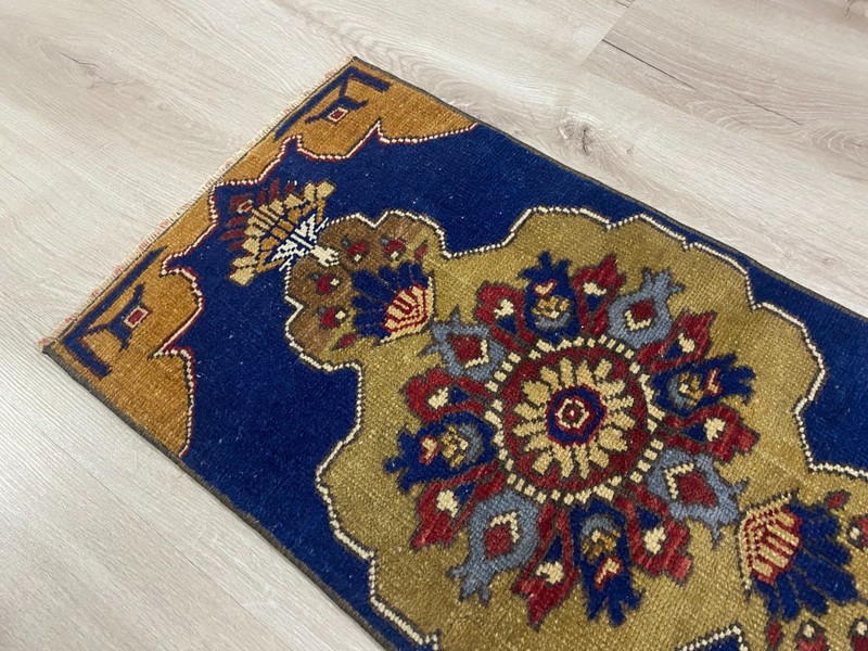 Vintage Turkish Hand Knotted Wool Runner Rug 1.3x2.6 Ft Blue Anatolian Rug gallery