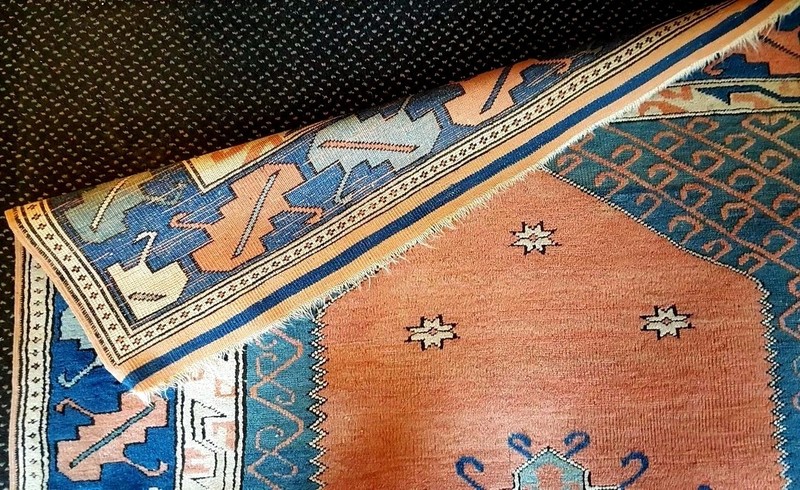 Vintage Turkish Oriental Rug (75 x 66 inches) PEACH and BLUE or 5'5 x 6'3 vgc gallery