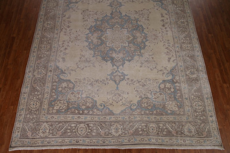 Distressed Handmade Rug 10x12 Ft Living Room Area Rug Floral Beige Wool Carpet gallery