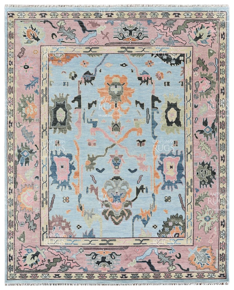 Oushak-Style Floral Traditional Area Rug – Blue & Pink Accents 8x10 ft