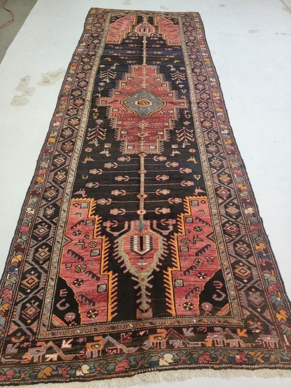 Antique Oriental Hand-Knotted Wool Runner Black/Red/Green/Blue 4'7" x 12'6" gallery