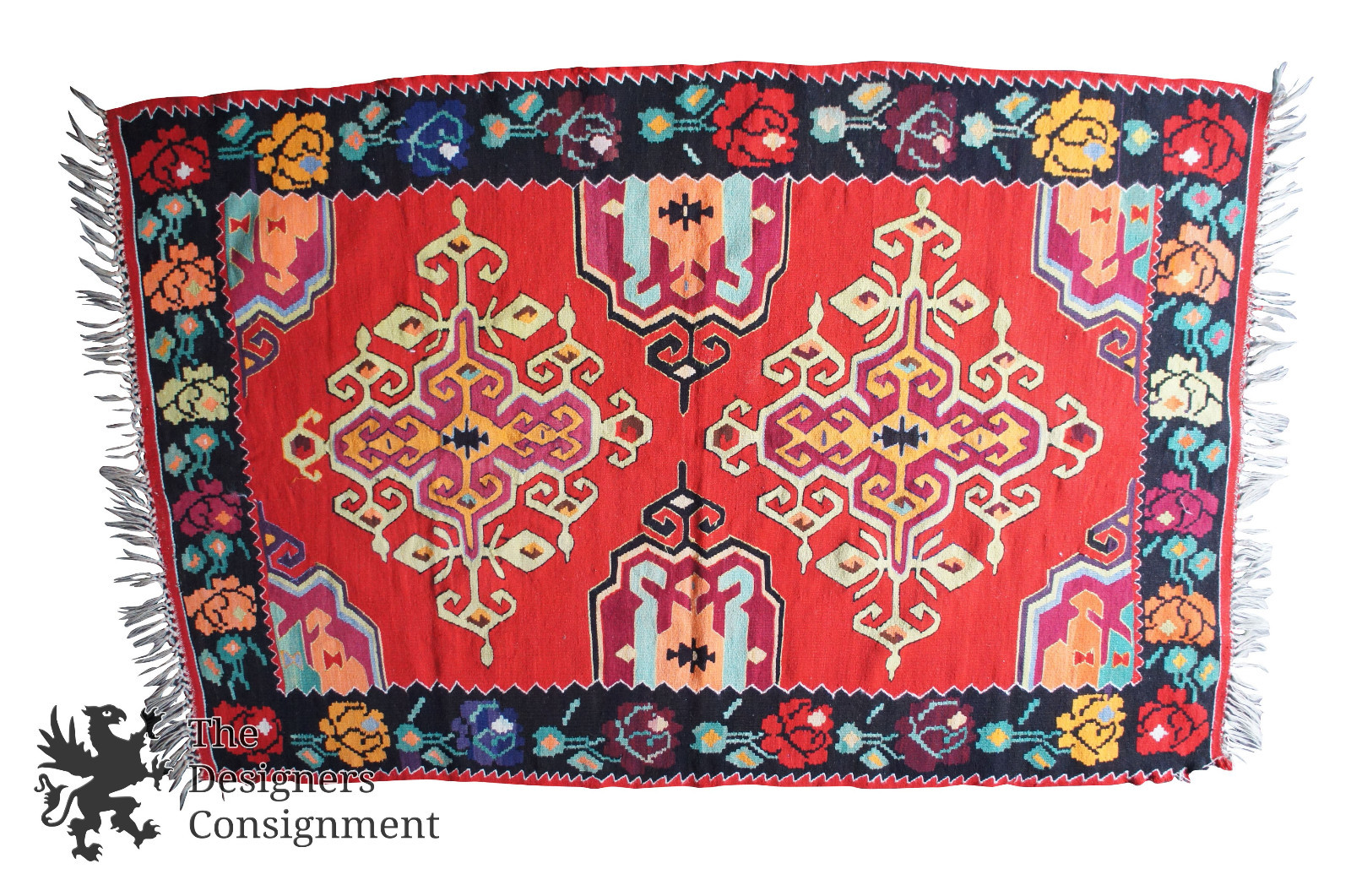 Semi Antique 4'9" x 7'4" Turkish 100% Wool Kilim Area Rug Mat Red Roses Floral gallery