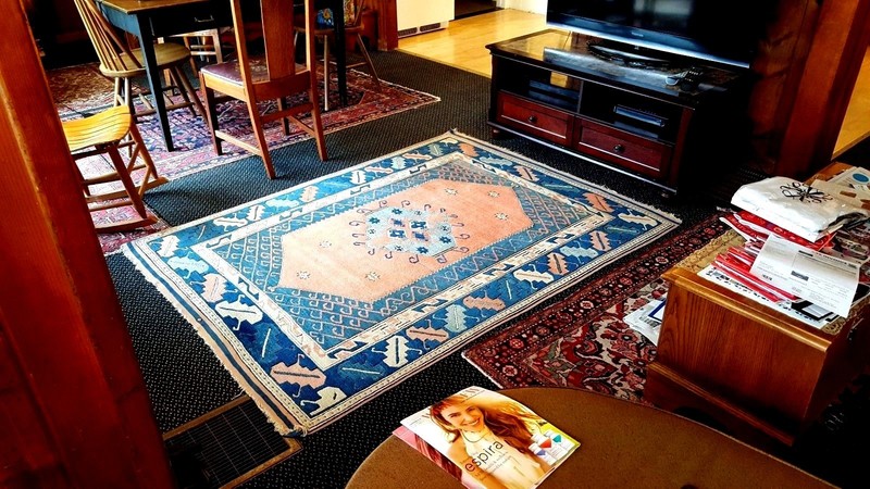 Vintage Turkish Oriental Rug (75 x 66 inches) PEACH and BLUE or 5'5 x 6'3 vgc gallery