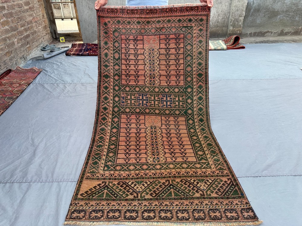 3'2 x 6 Antique Afghan Turkmen Parda Rug Hand Knotted Wool Tribal Terracotta Rug