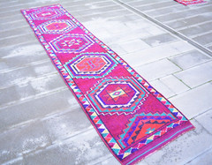 Pink Herki Handmade Runner, 2.6x12ft, Vintage Turkish Pink Herki Entryway Runner