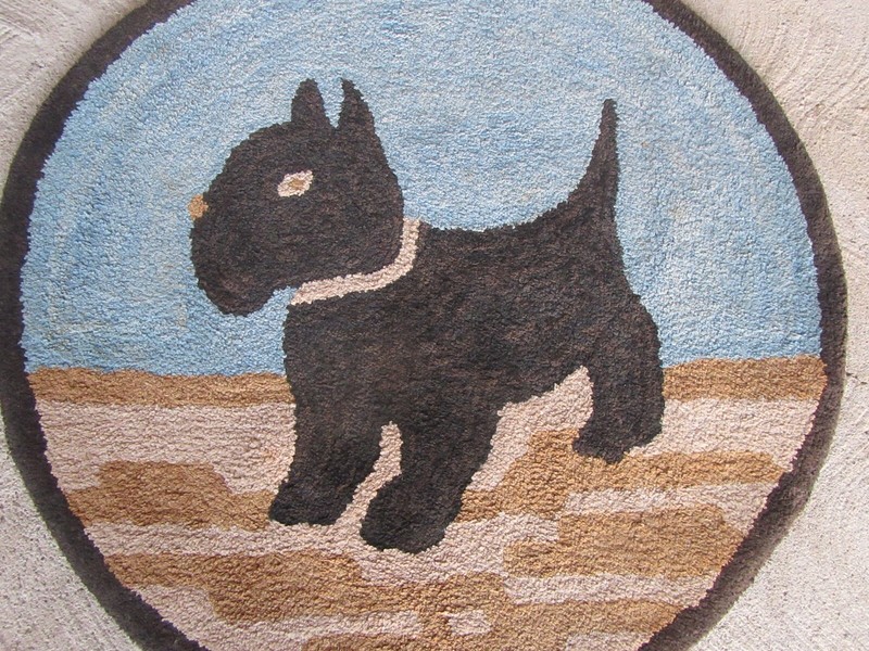 Antique Scottish Terrier Dog Folk Round Hooked Wool Rug (30.5") gallery