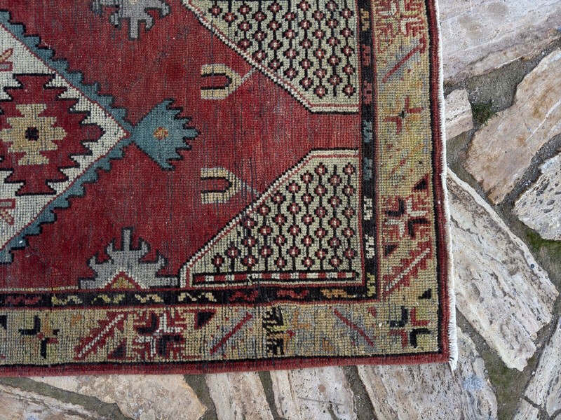 Hand-Knotted Vintage Geometric Carpet 2x5 Red Wool Medium Size Bedroom Rug gallery