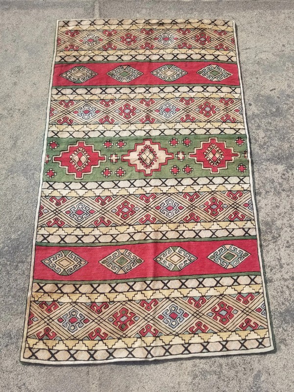 Vintage Traditional Handmade Anatolian Wool Red Kilim 4.10x2.10ft gallery