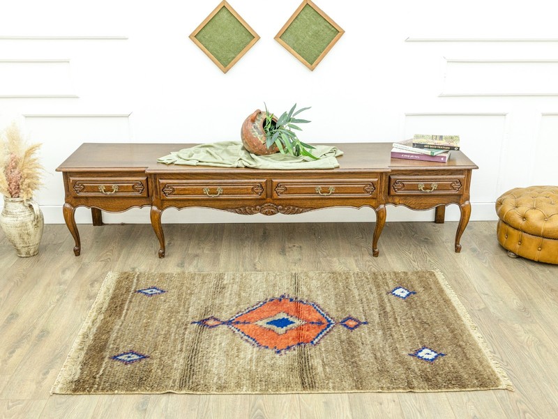 Vintage Anatolian Tulu Rug Handwoven Wool Mohair Shag Taupe Coral 3'4" x 5'9" ft gallery
