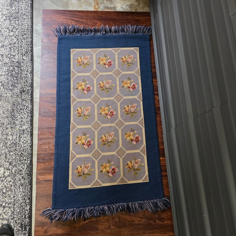 Vintage Needlepoint Floral Runner Rug Navy Blue Wool Lattice 53x28 Cottage Style gallery