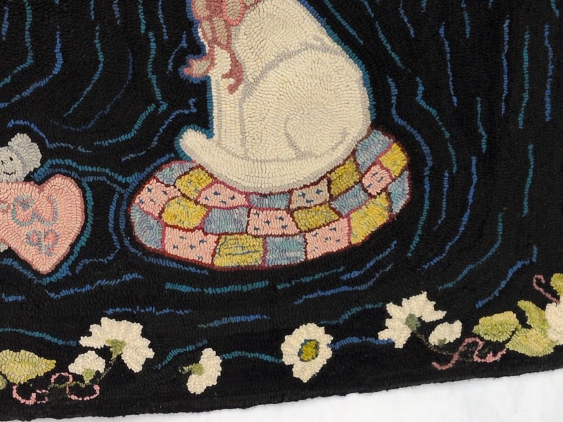 Antique VTG Hooked Rug Wool Cat Kitten In Hat 35x30 Hand Made Black White Floral gallery