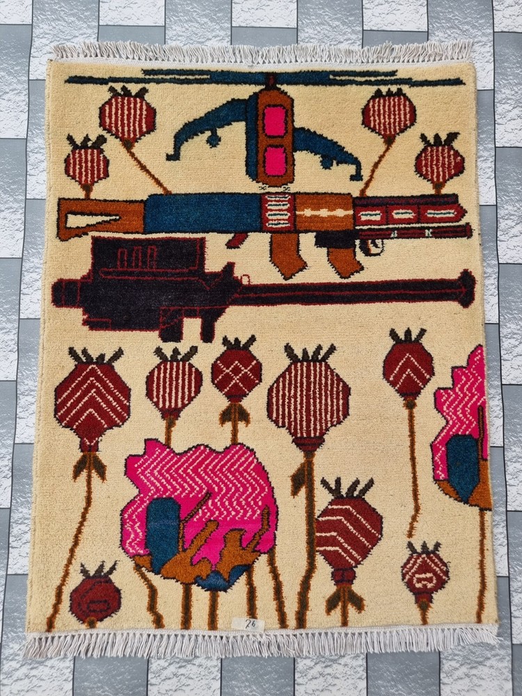 Afghan Hand Opium Flower War Rug Tribal Wool With Knotted Wall Hanging Rug