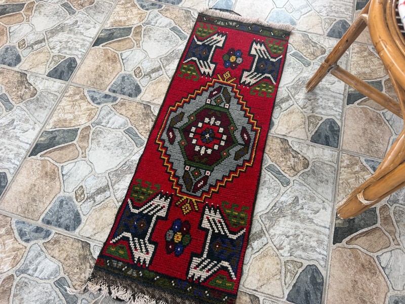 Vintage Small Anatolian Accent Rug Handknotted Red Tribal Wool Yastik Mat 1x3 ft gallery
