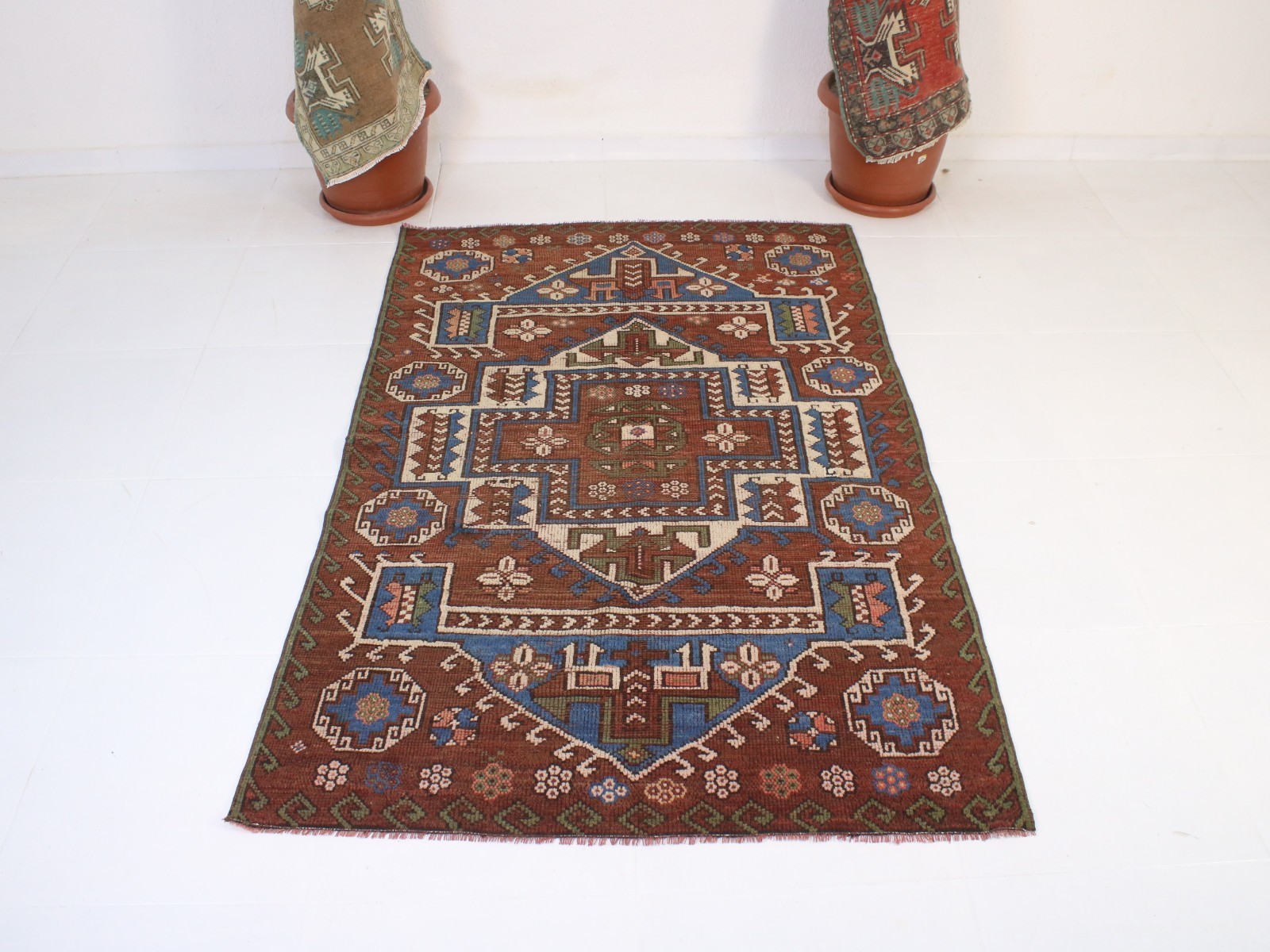 Vintage Turkish Area Rug 4x6 ft | Handmade Wool Red Blue Rug | 126x189 cm gallery