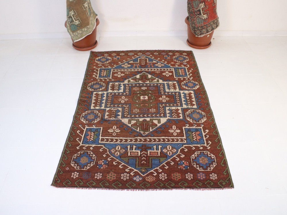 Vintage Turkish Area Rug 4x6 ft | Handmade Wool Red Blue Rug | 126x189 cm