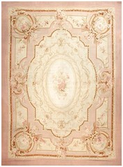Antique French Aubusson Carpet Ivory Field, Rose Pink Border, Napoleon III