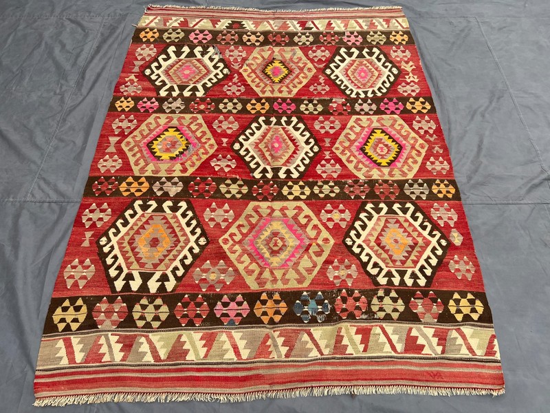 Red Tribal Kilim Rug 6x8 ft Anatolian Flatweave Distressed Low Pile Antique gallery