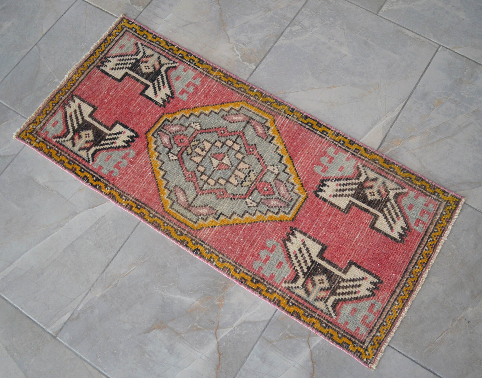 Vintage Distressed Small Area Rug Hand Knotted Oushak Rugs Yastik - 1'7" x 3'7" gallery