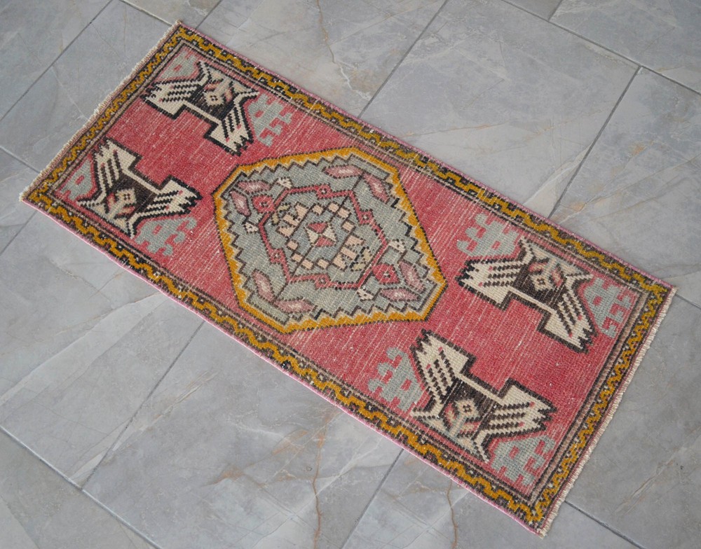 Vintage Distressed Small Area Rug Hand Knotted Oushak Rugs Yastik - 1'7" x 3'7"