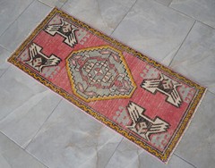 Vintage Distressed Small Area Rug Hand Knotted Oushak Rugs Yastik – 1’7″ x 3’7″
