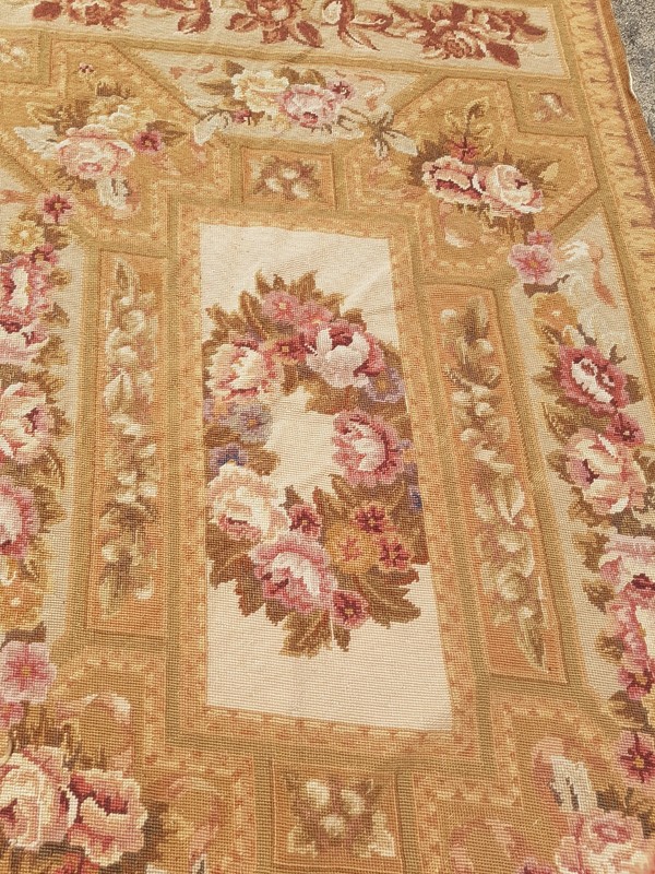Vintage Handmade French Floral Needlepoint Rug Wool Carpet 140x84 cm gallery