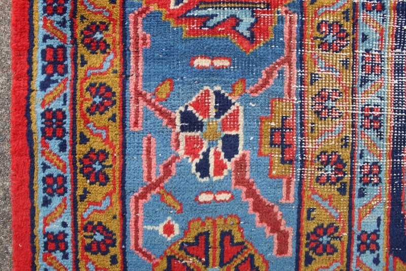 Vintage Worn Fragment Hand Made Traditional Oriental Wool Red Blue Rug 201x110cm gallery