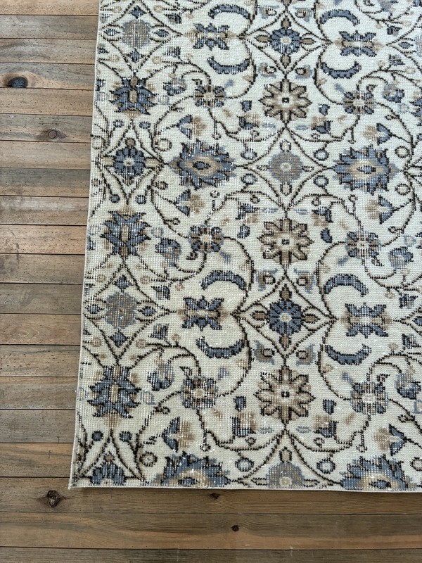 Vintage Turkish Rug 3x7 Cream Blue Beige Wool Hand Knotted Hallway Runner gallery