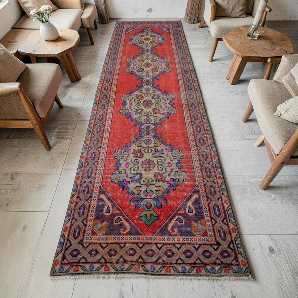 Turkish Rug Runner Hand Made Short Hallway Rug Kitchen Decor Rug 3x10 ft approx