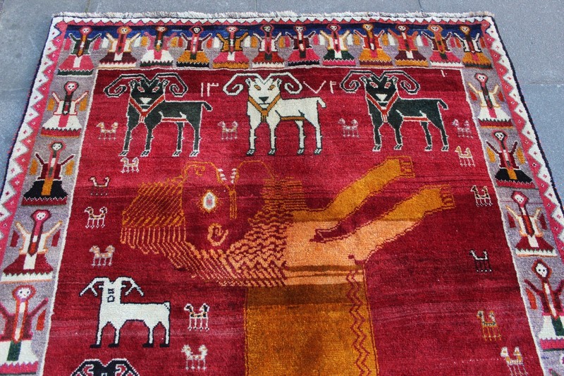 Vintage Traditional Hand Made Oriental Gabbe Wool Red Rug 242x156cm Animal Lion gallery