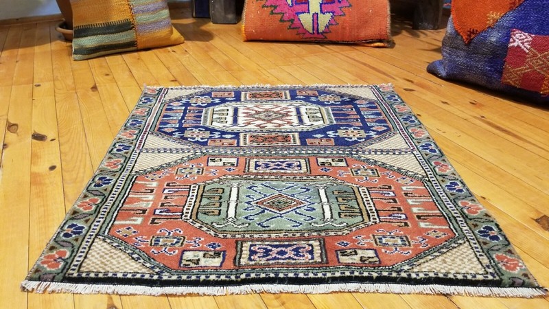 Beautiful 1930-1939s Antique Wool Pile Natural Dyes Bunyan Rug 2'1''x2'3'' gallery