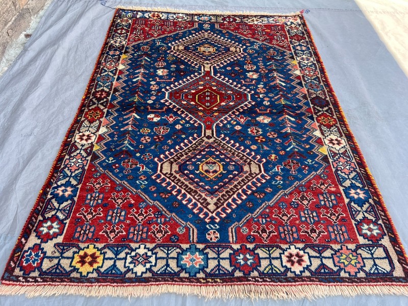 3'5 x 4'10 Antique Turkish Hand Knotted Tribal Geometric Blue Red Wool Floor Rug gallery