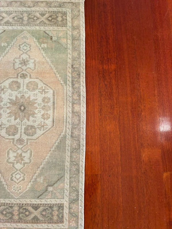 Muted Pink Green 2x4 Small Runner Wool Hand Knotted Vintage Turkish Oushak Rug gallery