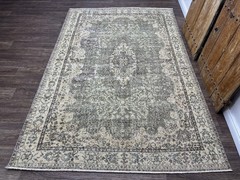 7×10 Green Brown Beige Vintage Turkish Area Rug, Hand-Knotted Wool Bedroom Rug
