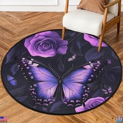 Purple Rose Butterfly 3Ft Round Washable Area Rug – Non-Slip Ultra-Thin Carpet