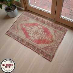 Vintage Oushak Turkish Rug 2×3 Small Hand-Knotted Wool Door Mat Pink Small Rug
