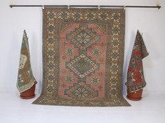 5×7 Beige Pink Blue Area Rug, Handmade Rug, Large Square Wool Rug, 5.3×7.3 Ft