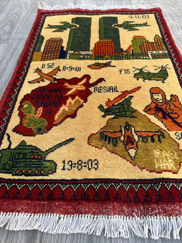 Afghan Handmade Wool Rug 9/11 War Rug Knotted Pictorial Hanging Wall Rug gallery