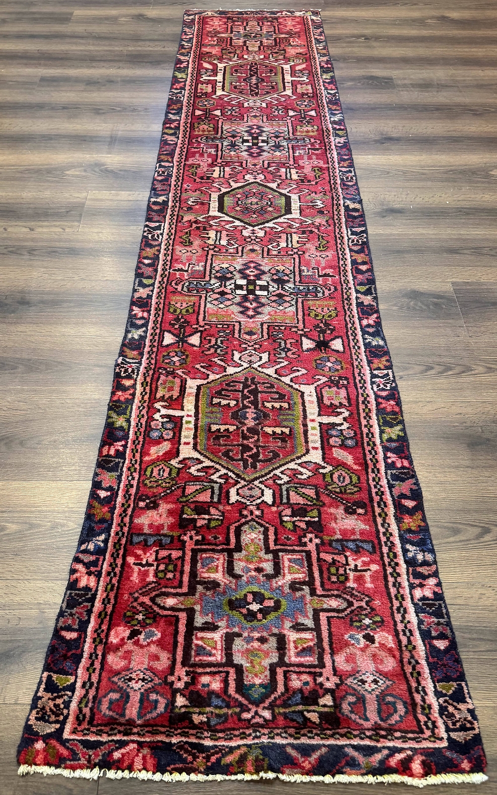Heriz Karajeh Runner Rug 2x9 Geometric Medallions Red Navy Blue gallery