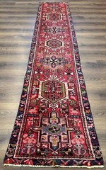 Heriz Karajeh Runner Rug 2×9 Geometric Medallions Red Navy Blue